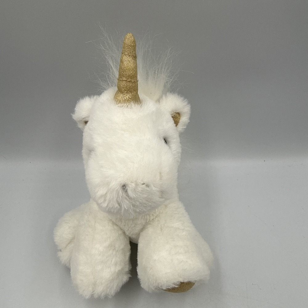 Fao Schwartz Plush White Unicorn 8" Sitting Stuffed Animal Gold Horn Free Ship.